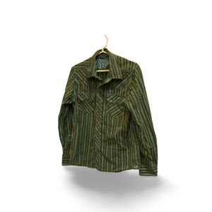 Southern Thread Men’s Olive Striped Shirt with Pearl Snaps, 100% cotton Sz S